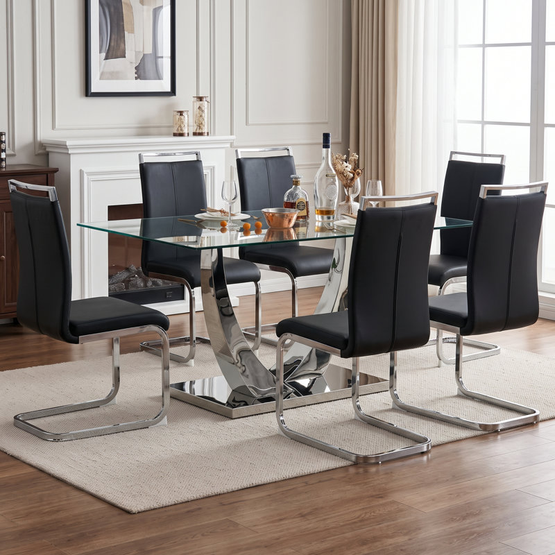 Ensemble de salle à manger 7 pièces rectangulaire moderne en verre trempé avec base en métal et chaises en porte-à-faux en similicuir