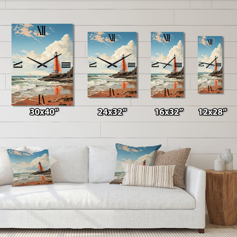 Illustration rétro de plage, phare et plage - horloge murale moderne, Moyen