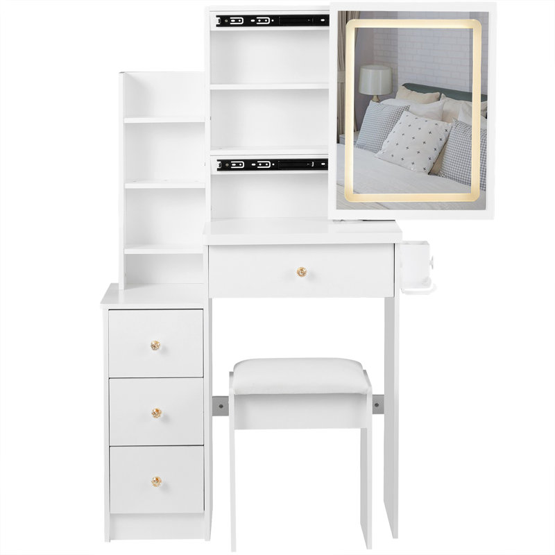 29.2" Small Size Left Bedside Cabinet Vanity Table + Cushioned Stool, 2 AC+2 USB Power Station, Hair Dryer Bracket, Extra Large Touch Control Sliding LED Mirror, Tri-Color Switching, Brightness Adjust