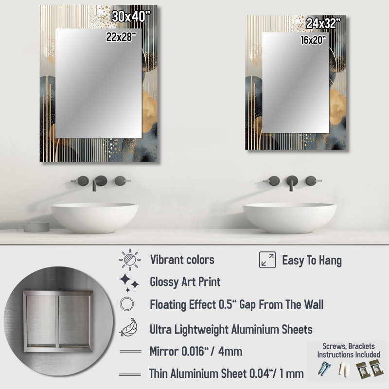 Or et gris, formes modernes, minimalisme en forme de I, miroir mural moderne grand, art imprimé en métal, 32 po x 24 po