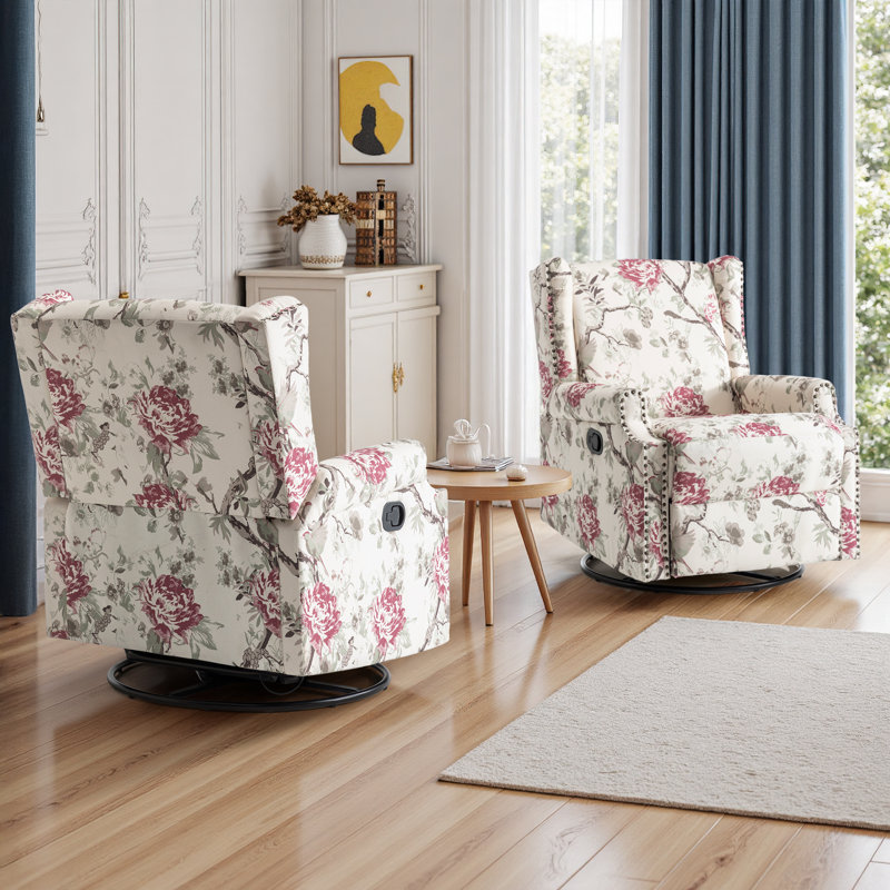 Upholstered Classic Wing Back Manual Handle Swivel Rock Glider Recliner with Naihead Trims, Plants Floral
