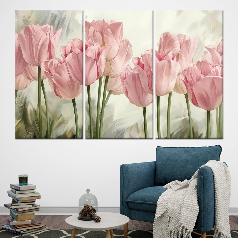 Décoration murale florale moderne: impression sur toile tulipe rose, toile tendue 3P, H : 27,6 x L : 59,1 pouces