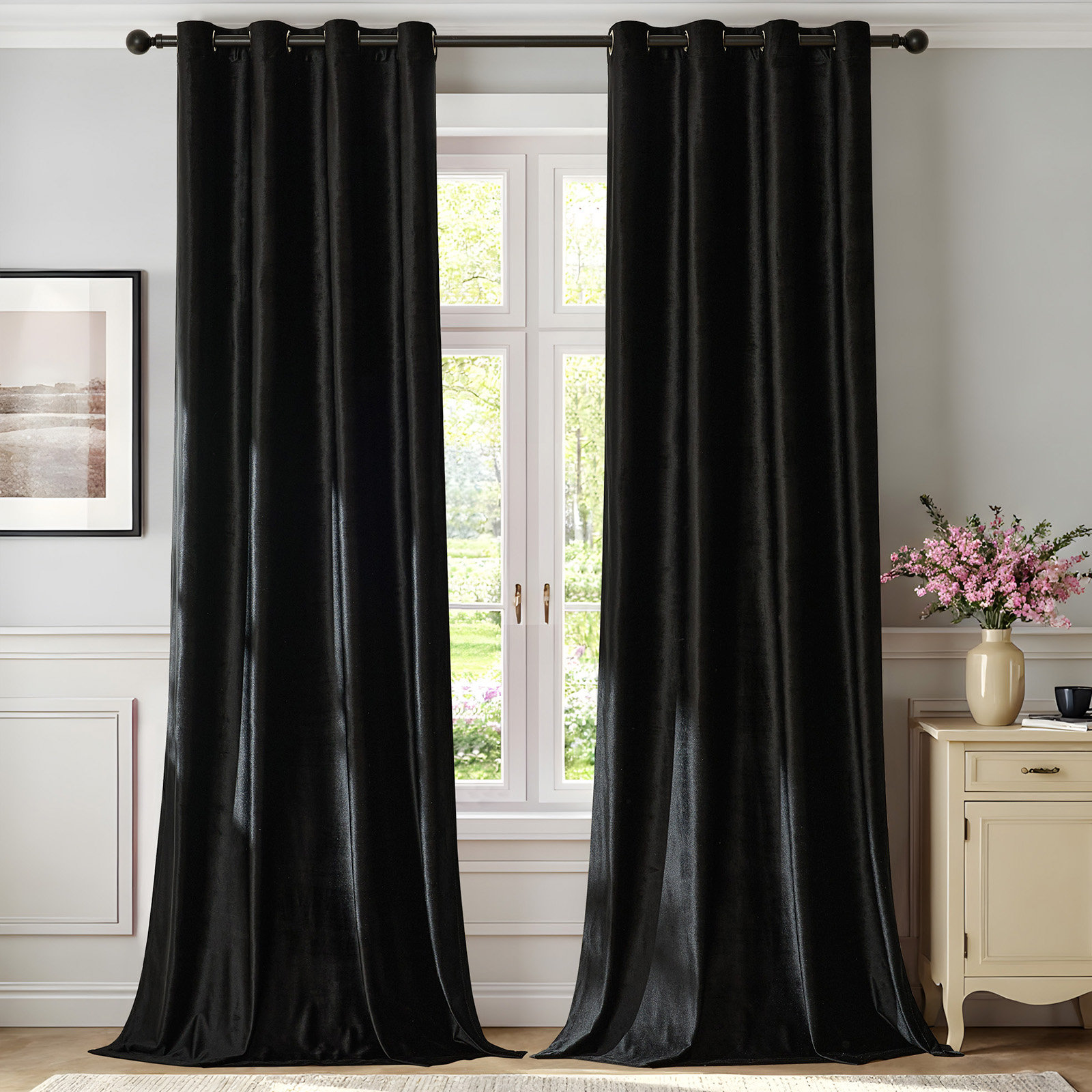 Velvet Blackout Grommet Curtains, 75%-95% Darkening Thermal Drapes 2 Panels - Black