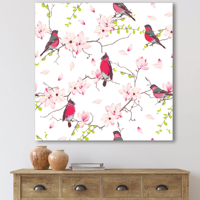 Red Bullfinches on Magnolia Tree - impression sur toile, H 36 po x l 36 po x P 1,5 po, Toile tendue