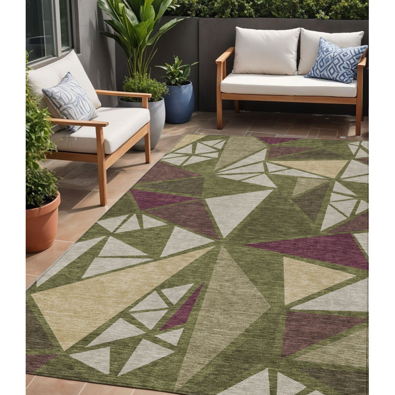 Tapis extérieur lavable géométrique ivoire et bourgogne 5 pi x 8 pi vert olive