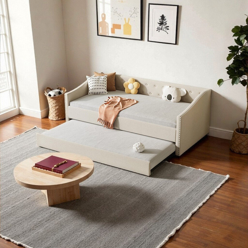 Divan-lit simple avec couchette et rangement, Beige, Lit simple