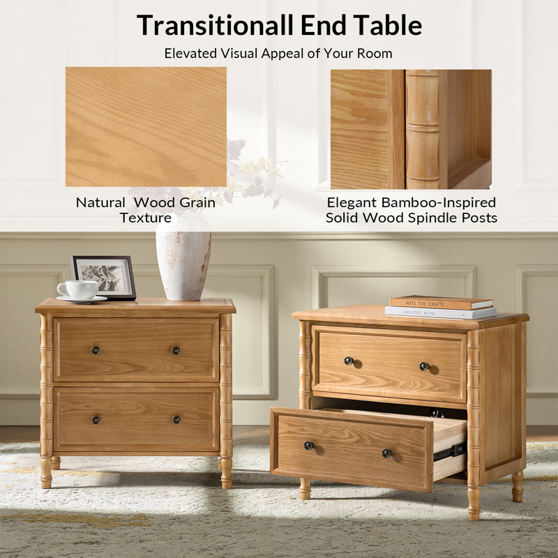 Lucious Transitional 26''W 2-Drawer Spindle End Table with Charging Station and Simple Assembly, Oak