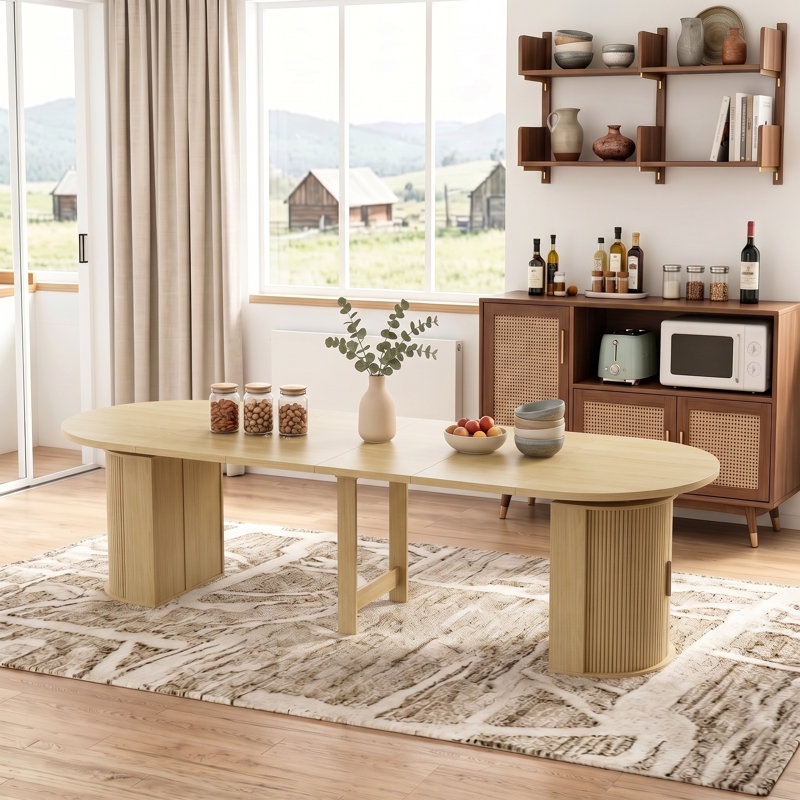 Table de salle à manger ovale extensible de 119 à 300 cm (47 à 118 pouces) pour 6, 8, 10 ou 12 personnes, grande table de cuisine extensible en bois naturel avec piètement cannelé et rangement intégré.