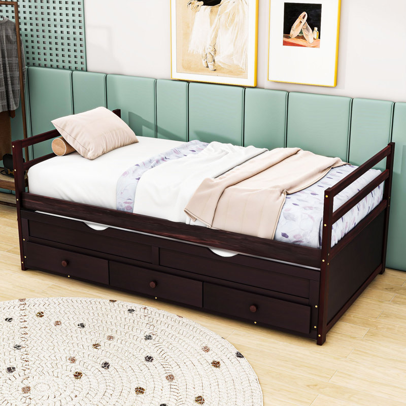 Twin Size Bed with Pull-Out Twin Trundle and Storage Drawers, Espresso