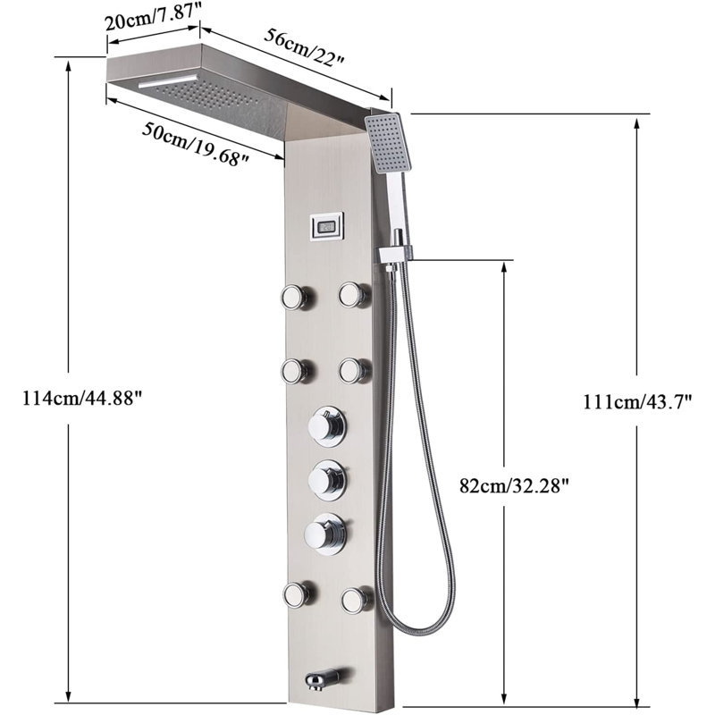 Système de massage thermostatique avec panneau de douche thermostatique Jet Waterfall, Nickel brossé