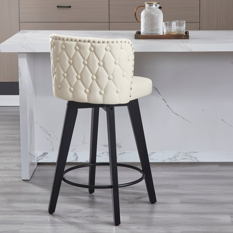 Swivel Bar Stool, 27.5" Pu Leather Seat With Tufted Back, Solid Wood Legs, Counter Height Bar Chairsswivel Bar Stool, 27.5" Pu Leather Seat With Tufted Back, Solid Wood Legs, Counter Height Bar Chairs