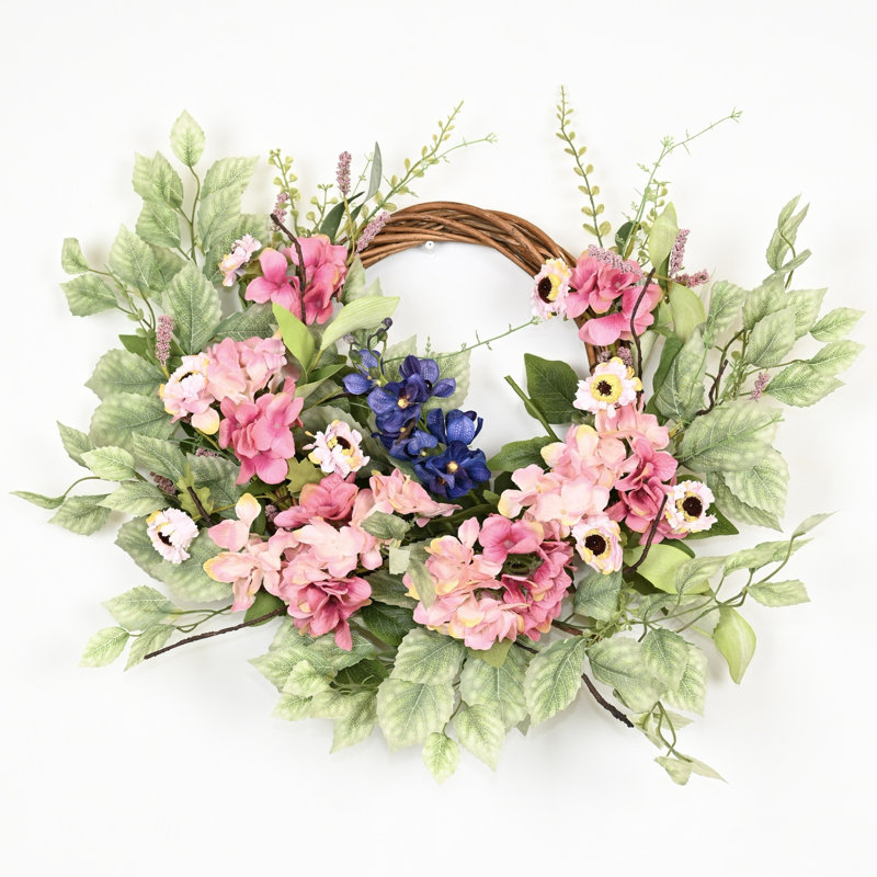 Couronne de porte artificielle 24 po printemps été, Vert/Rose/Bleu
