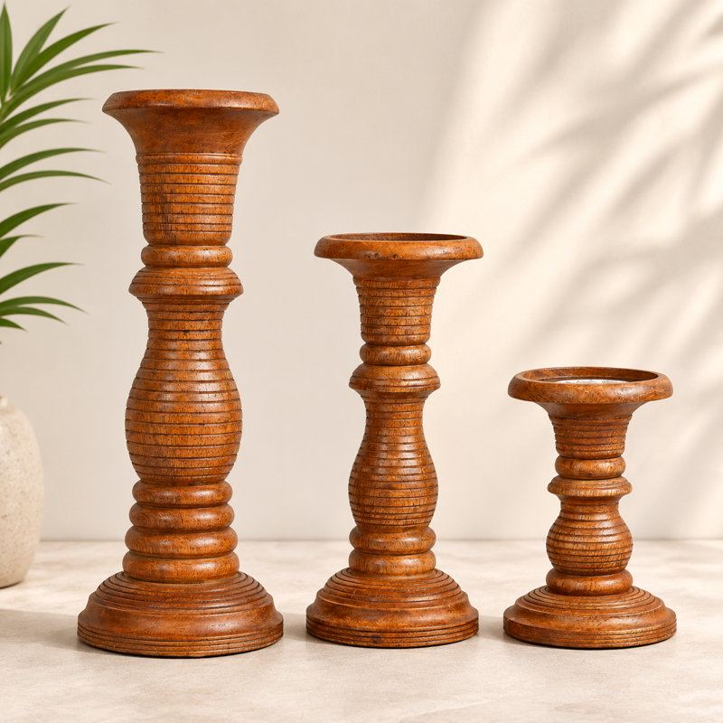 Handcrafted Mango Wood Pillar Candle Holder (Set of 3) , Medium Polish