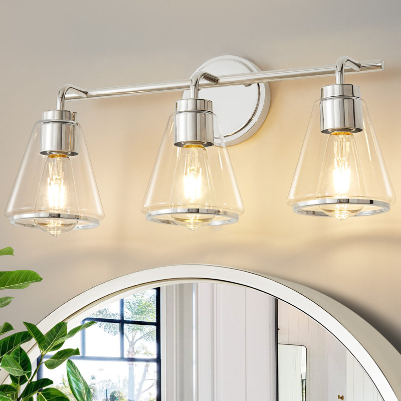 Modern Polished Nickel Dimmable Bathroom Vanity Light With Cone Clear Glass Shade, 3