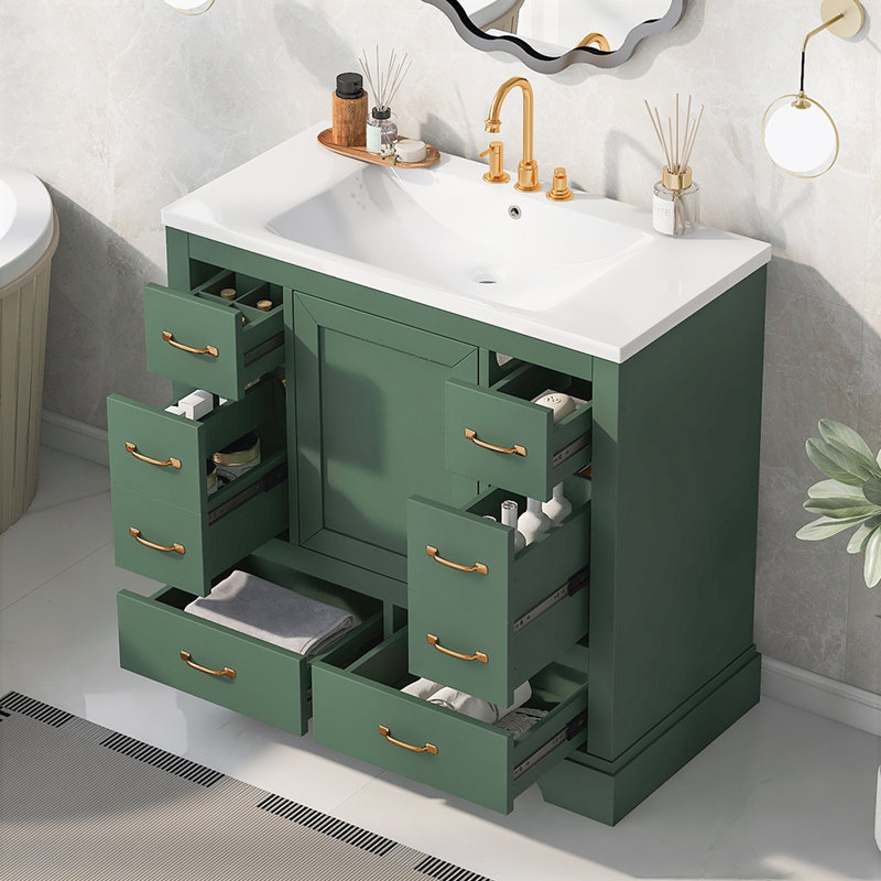 Edme 36'' Single Bathroom Vanity with Ceramic Top, Green/Gold