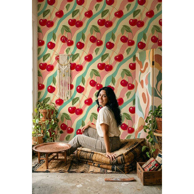 Papier peint à motifs de cerises, style rétro, amovible