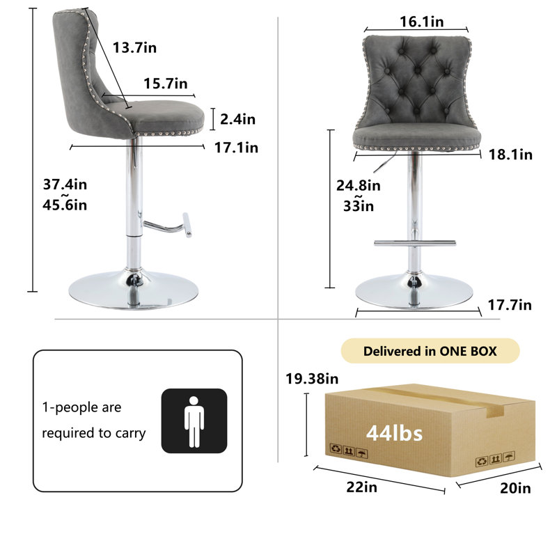 Ensemble de 6 tabourets de bar pivotants en velours capitonné, Gris