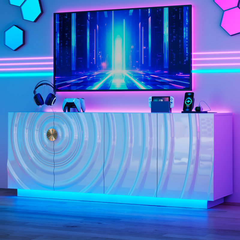 Meuble télé 63 po avec lumière activée par le mouvement et station de charge intégrée, Blanc