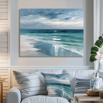 Vagues côtières dans des tons bleus et blancs - art sur toile côtier, art mural blanc côtier