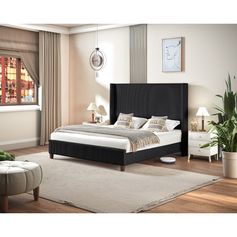Queen Black Corduroy Upholstered Wingback Platform Bed