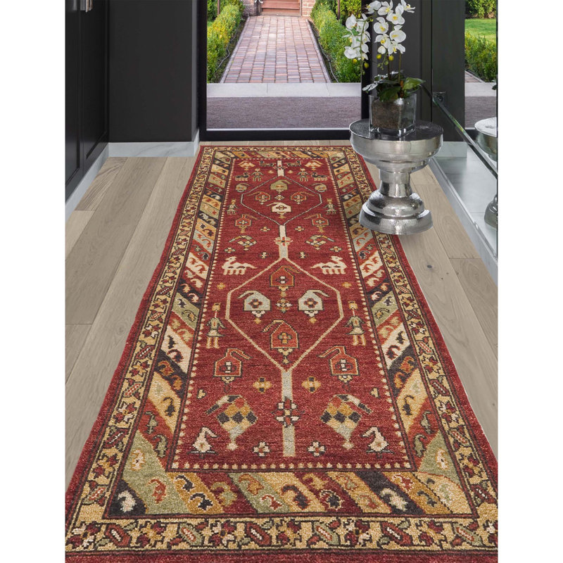 Wool Oriental Area Rug in Black/Red/Beige/Green, Runner 2'6'' x 10'