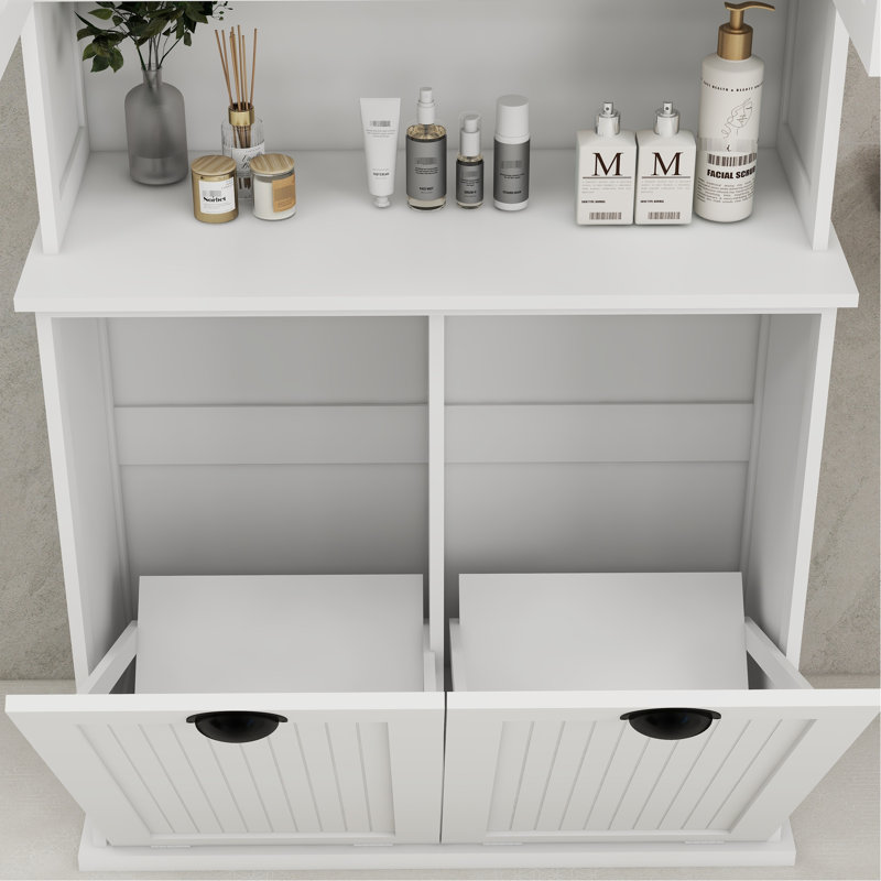 Laundry Basket Cabinet In White - Two Compartment Design Stable & With Adjustable Shelves, 33.03" H x 14.42" W x 60.26" D