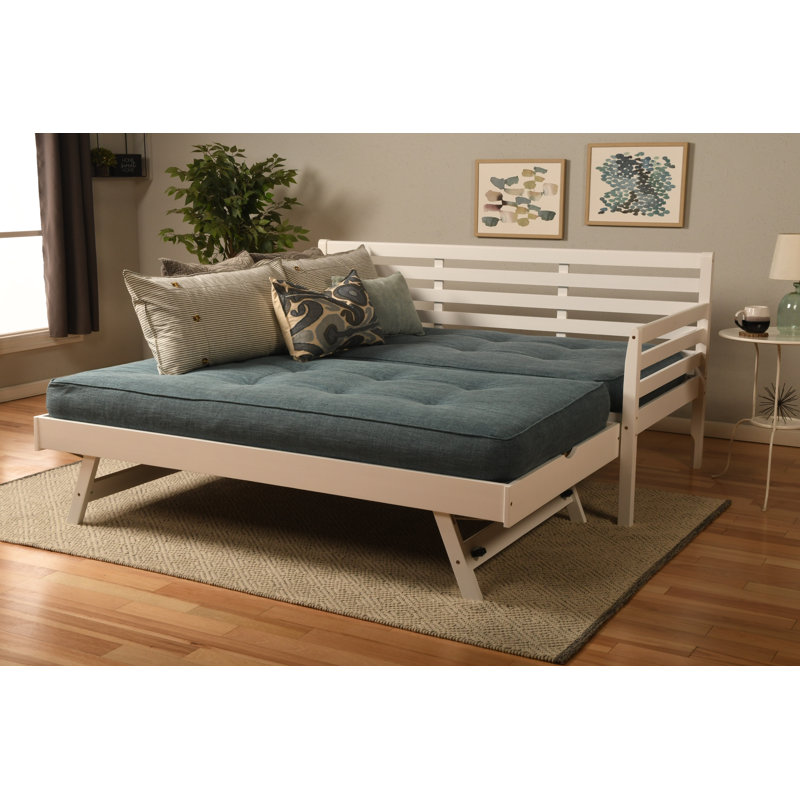 Lit de jour et lit escamotable avec matelas Alhamdi Boho, Lin turquoise, Blanc