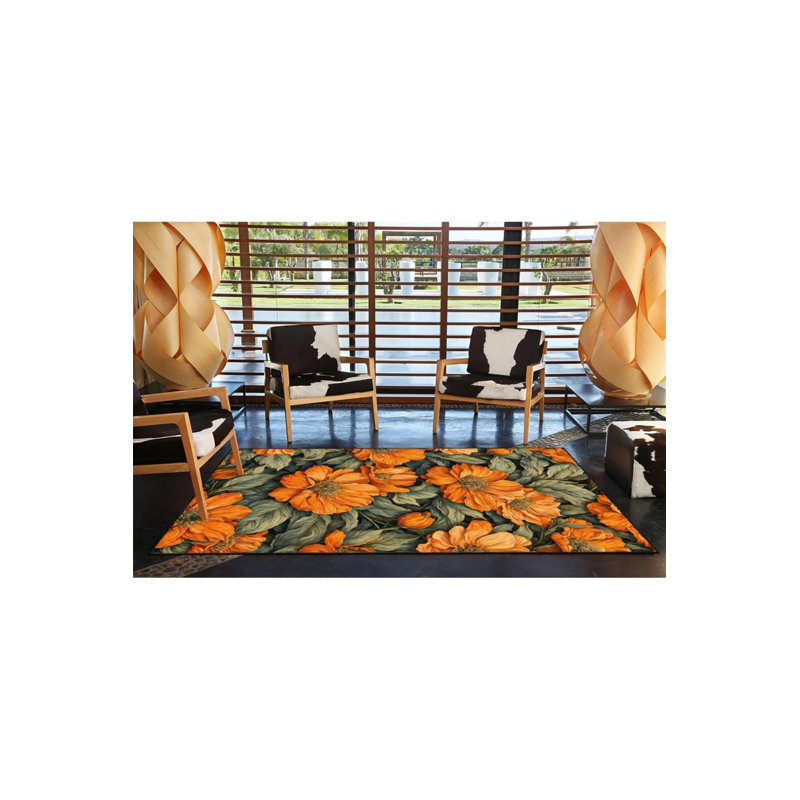 Floral Orange Patterned Washable Carpet, Rectangle 2'4" x 4'