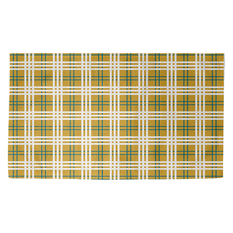 Tapis décoratif bleu sarcelle/jaune/blanc fait à la main plaid, Rectangle 5 pi x 7 pi
