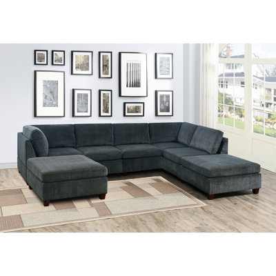 Ensemble de canapé modulaire modulaire en U modulaire 7 pièces avec revêtement en chenille, 2 coins d'angle, 3 fauteuils sans accoudoirs et 2 repose-pieds pour une assise polyvalente