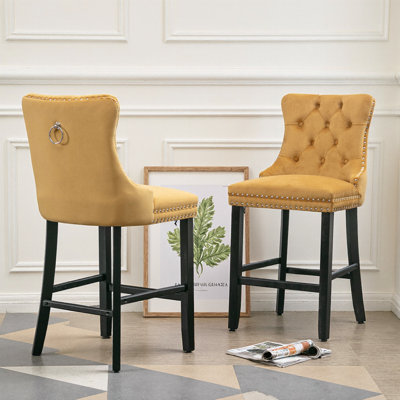 Modern Velvet Bar Stools Set of 2 Black Mid-Century Design Button Tufted Wood Legs Chrome Nailhead Trim