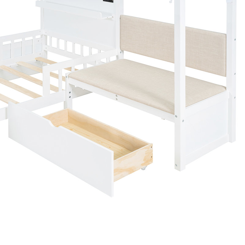 White Twin House Bed With Upholstered , Charging Ability, Wireless Charging, Shelves, Two Drawers For Space Resilience Size Facility, Enjoyment