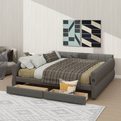 King-Size Upholstered Platform Bed With USB Port And Double Drawers