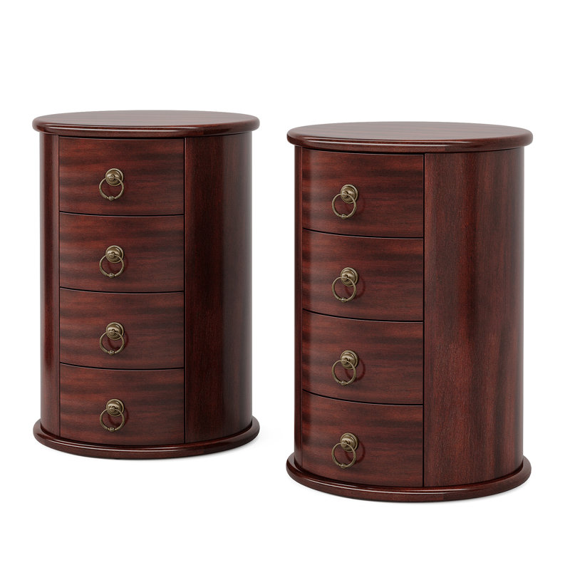 Table d'appoint ronde en bois massif avec 4 tiroirs Bernave (ensemble de 2), Noyer