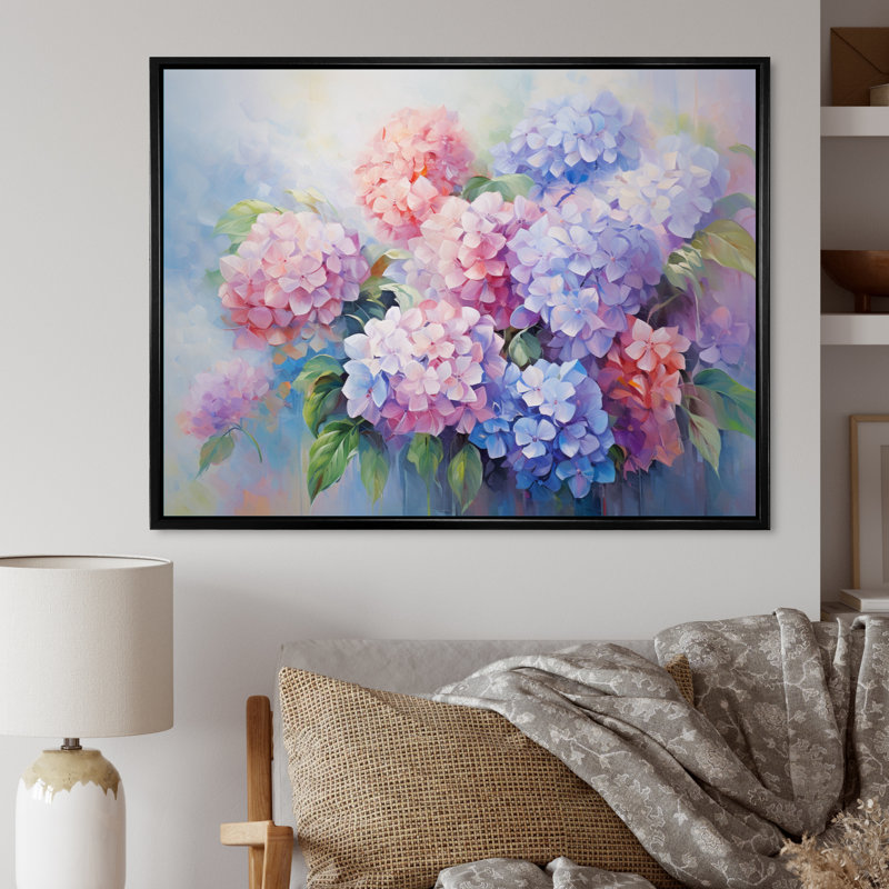 Impression romantique d'hortensia mauve rose, Cadre flottant noir, H 34 po x l 44 po x P 1,5 po