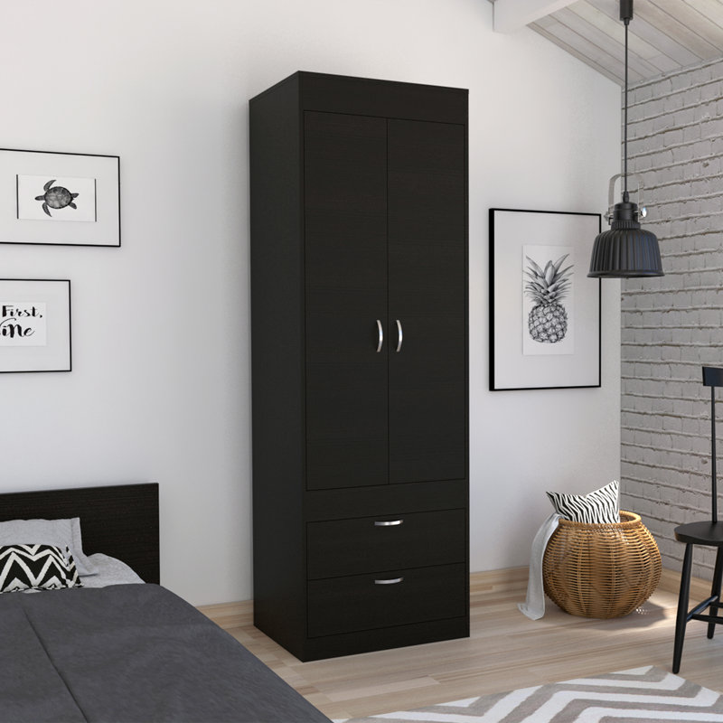 Lisboa Compact Double Door Armoire with 2 Drawers and Hanging Rod, Freestanding Bedroom Storage Option, Black