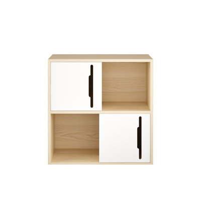 Armoire de rangement moderne en bois avec portes coulissantes, organisateur à 2 niveaux de tablettes ouvertes et fermées, finition en bois naturel avec panneaux blancs, pour le salon, la chambre à coucher ou la chambre d'enfant