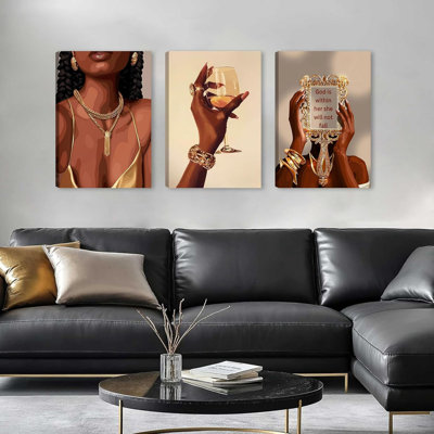 3 pièces, fille noire, art mural, femme afro-américaine, images de mode, fille, affiches abstraites, peintures bohémiennes noires pour salon, chambre, salle de bain, 12 po x 16 po
