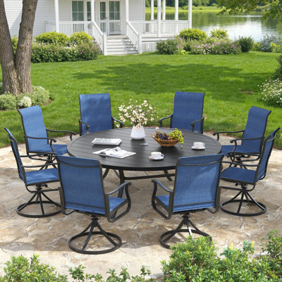 9-Piece 63" Round Outdoor Patio Dining Set With Swivel Armchair