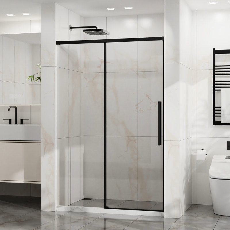 48" - 72" Semi- Shower Door, 6mm Thick Tempered Clear Glass, Easy Coating, Matte Black Finish, Stainless Steel Frame, Reversible Opening, Waterproof Splash, Smooth Rollers For Bathroom Glass Modern
