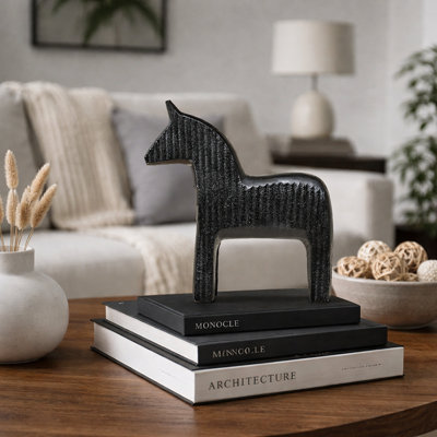 Black Ribbed Horse Sculpture – Contemporary Aluminum Table Décor Animal Figurine, 6.8X2.4X6.8"