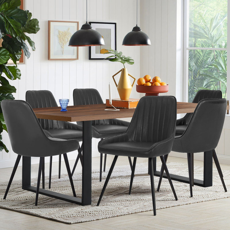Bhagirath 6-Person Dining Set with Faux Leather Upholstered Chairs and Rectangular Table, Black, Walnut