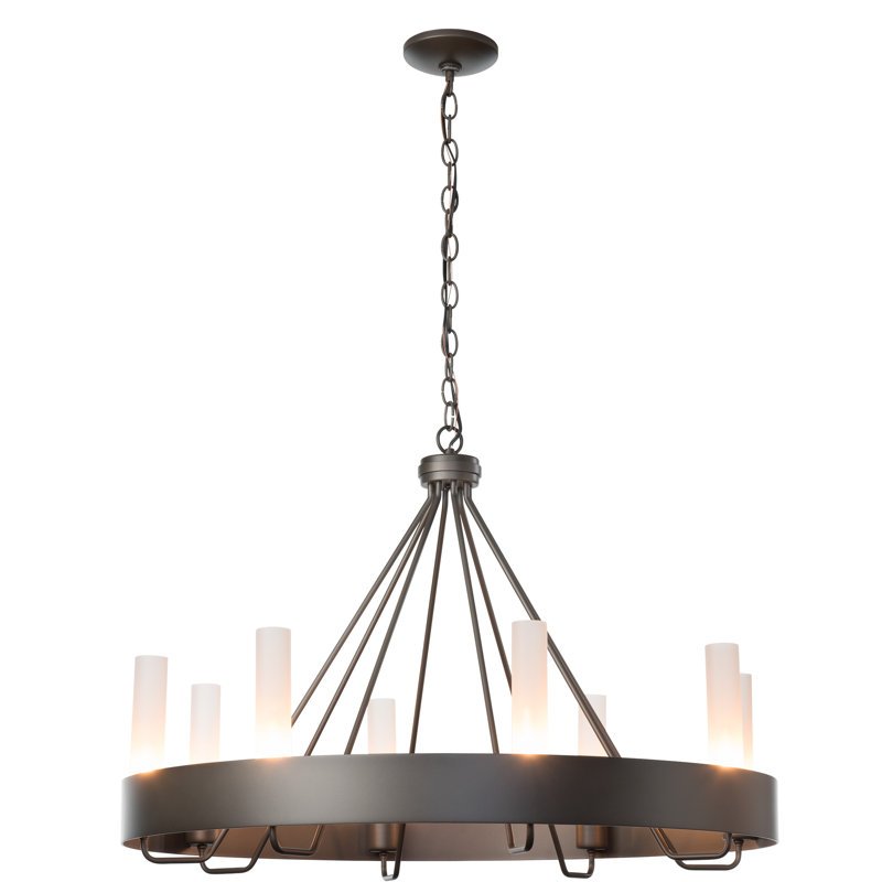 Banded 8 - Light Unique / Statement Wagon Wheel Chandelier, Frosted Glass, Dark Smoke