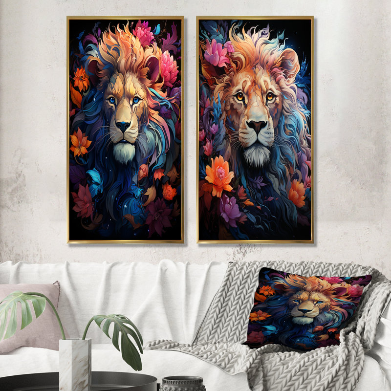 «Lions Twilight Monarch - Lion», ensemble de 2 reproductions d'art sur toile, Encadrement doré, H 28 po x l 25 po