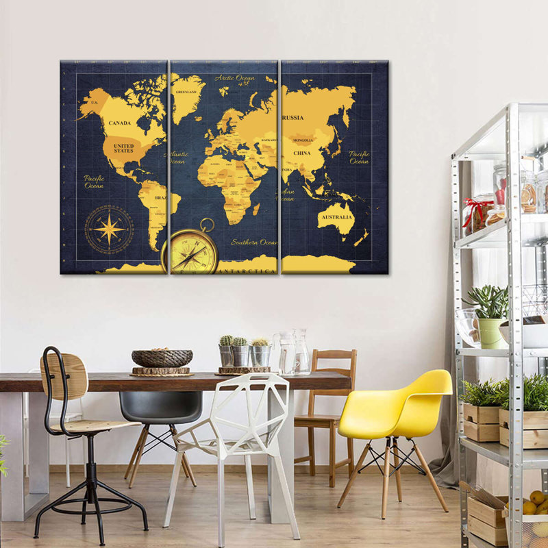 «World Map Gold Compass World Map», reproduction sur toile 3 pièces par HustleBroIllustrations, H 24 po x l 38 po x P 1,25 po
