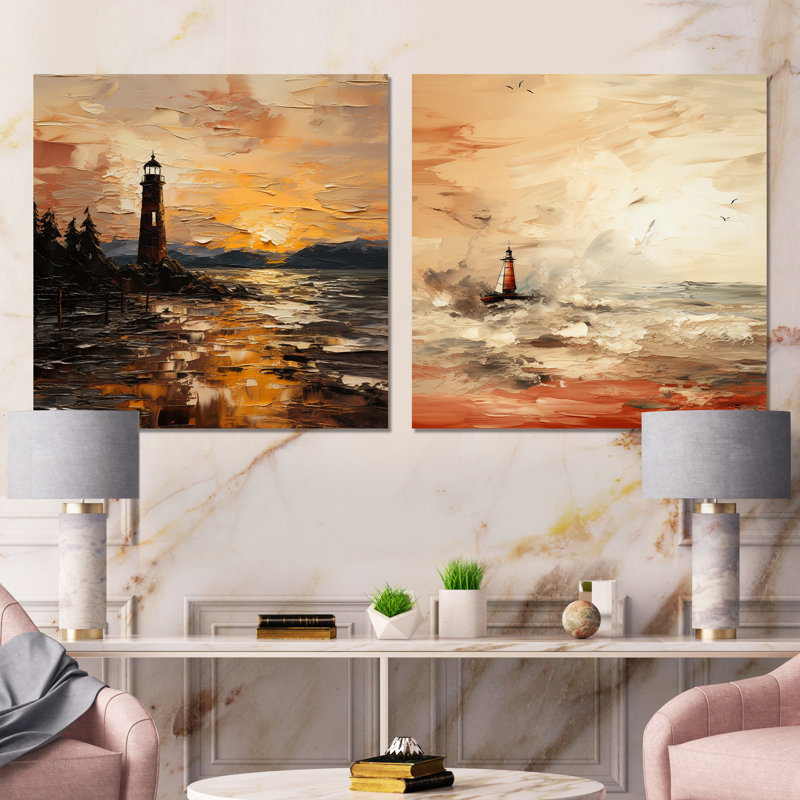 Peinture jaune du phare coucher de soleil I - ensemble de salon art mural coucher de soleil côtier, Toile tendue