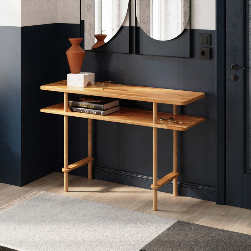 Console Manhattan, table d'entrée en bois de hêtre massif avec 2 tablettes pour le couloir et le salon