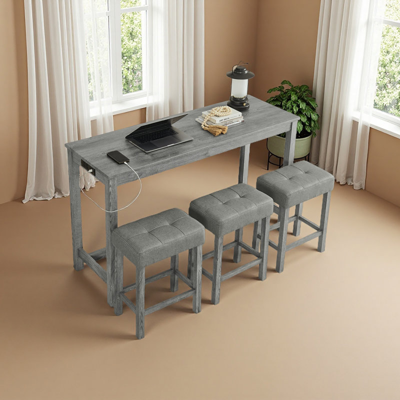 59 Inch Bar Table, Dining Table, Sofa Table With Power Outlet, 3 Upholstered Stools, 4 Piece Bar Table And Chair Set For Living Room