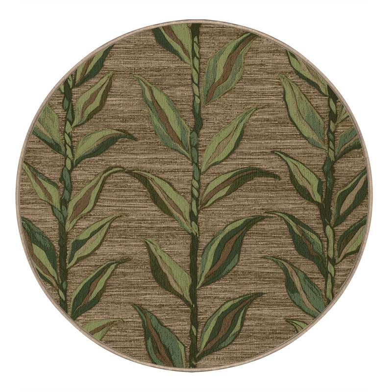 Machine Washable Botanical Brown Area Rug, Round 7'