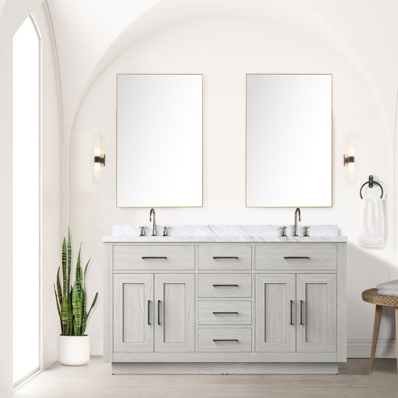 Meuble-lavabo double en chêne blanc l 60 po x P 22 po avec comptoir en marbre et miroir 55 po